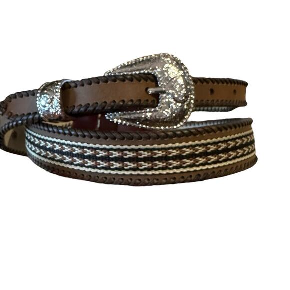 no brand Accessories - Western Belt with Heart Shaped Conchos Womens XL Brown and Tan Silver Buckle